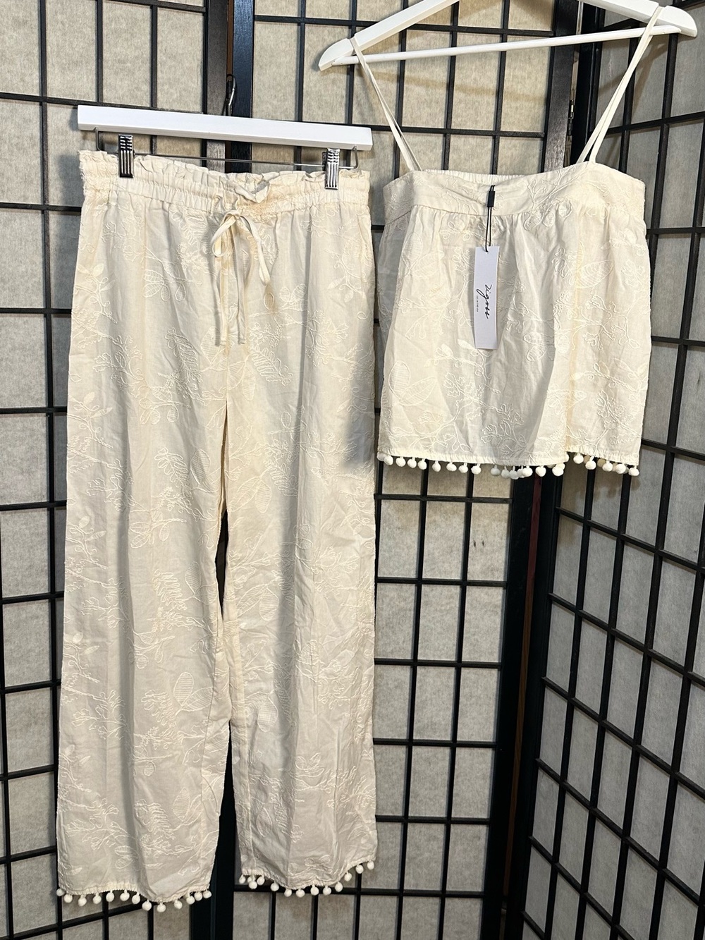 Floral Embroidered Top and Wide Leg Pom Pom Hem Pants Matching Cream Set